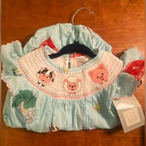 NWT Lil Cactus Smocked Farm Motif Romper. 3-6m.